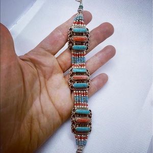 Vintage Tibetan Style Turquoise, Carnelian and Coral Bracelet in Silver, 7”